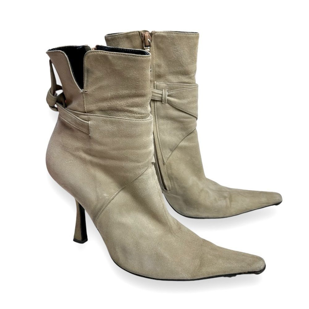 Versace tan suede pointed toe high heel ankle boots sz 38